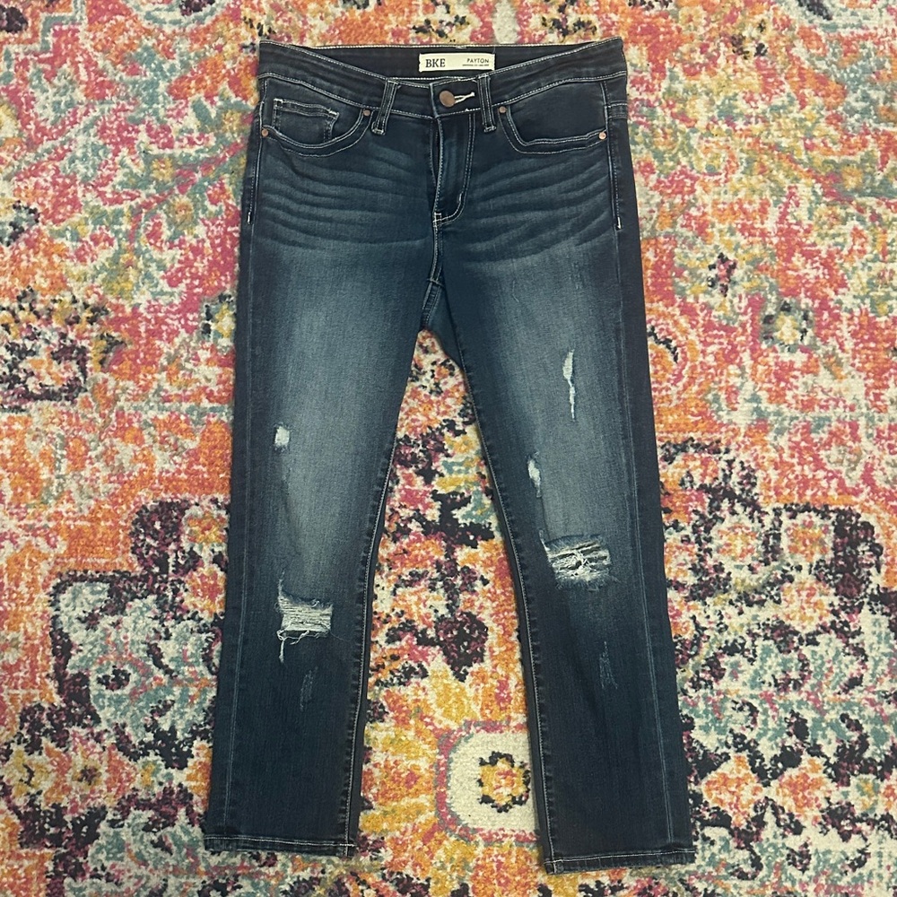 BKE Women's Dark Blue Distressed Ankle Jeans